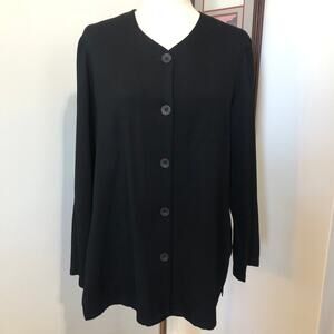 VTG 90s Via Seta 100% Silk Blouse M Black Button Front Minimalist Quiet Luxury